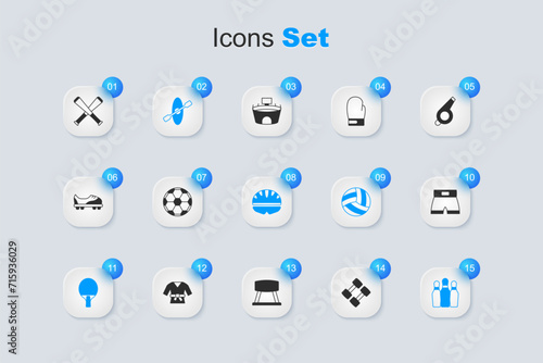 Set Dumbbell, Soccer football ball, Kayak and paddle, Racket, Bowling pin, Boxing short, Crossed baseball bat and Bicycle helmet icon. Vector