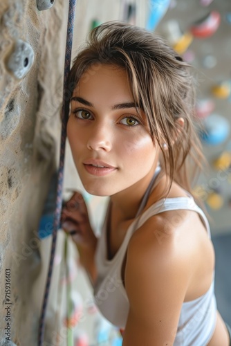 Beautiful woman doing climbing indoors, close up shot
