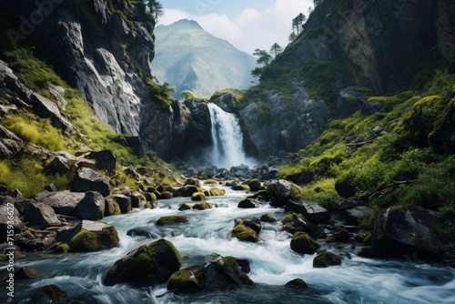 Mesmerizing Waterfall Flowing Down Rocky Terrain Surrounded by Greenery.