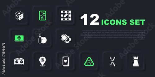 Set Crossed billiard cues, Chess, Bowling pin and ball, Billiard balls triangle, Game dice, Air hockey table and Playing cards icon. Vector