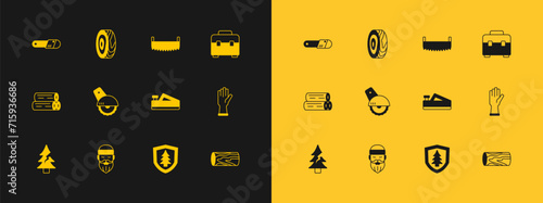 Set Toolbox, Lumberjack, Wood plane tool, Shield with tree, Electric circular saw, Two-handed, Chainsaw and Tree rings icon. Vector