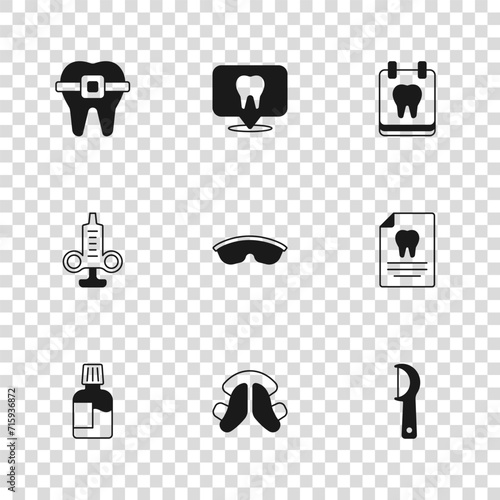 Set Dental tooth plate, Clipboard with dental card, floss, Safety goggle glasses, Calendar, Teeth braces, clinic location and Syringe icon. Vector