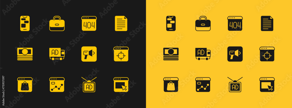 Set File document, Market analysis, Megaphone, Advertising, truck, Page with 404 error, Mobile 24 hours support and Briefcase icon. Vector
