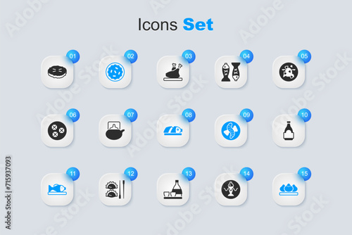 Set Served fish on a plate, Traditional tea ceremony, Homemade pie, Dumpling, Soy sauce bottle, and Fish with sliced pieces icon. Vector