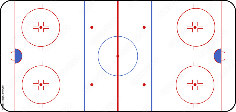 Naklejka premium Hockey rink. Hockey field. International Ice Hockey Rinks standard Dimensions and Sizes. Vector illustration