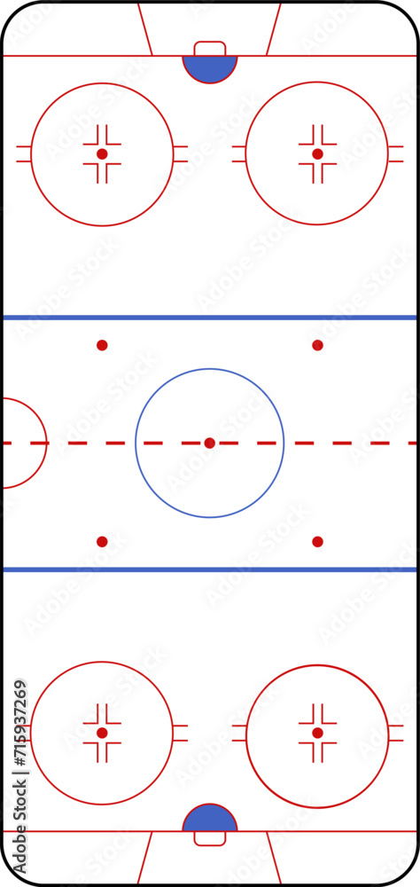 Naklejka premium Hockey rink. Hockey field. International Ice Hockey Rinks standard Dimensions and Sizes. Vector illustration