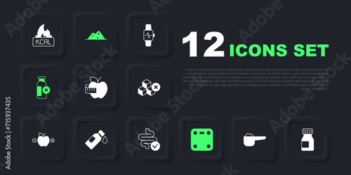 Set Sports nutrition proteine, Vitamins, Apple and measuring tape, Bathroom scales, Lactose intolerance, Bottle of water, Salt and Intestines icon. Vector
