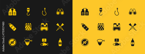 Set Binoculars, Fishing net, Diving mask, Price tag for fish, pattern, hook, jacket and Spring scale icon. Vector