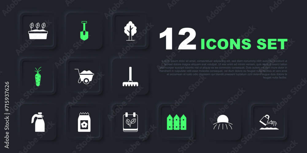 Set Sunrise, Watering can, Wheelbarrow, Garden fence wooden, Carrot, Pack full of seeds, Shovel and Calendar with autumn leaves icon. Vector Set Sunrise, Watering can, Wheelbarrow, Garden fence wooden, Carrot, Pack full of seeds, Shovel and Calendar with autumn leaves icon. Vector