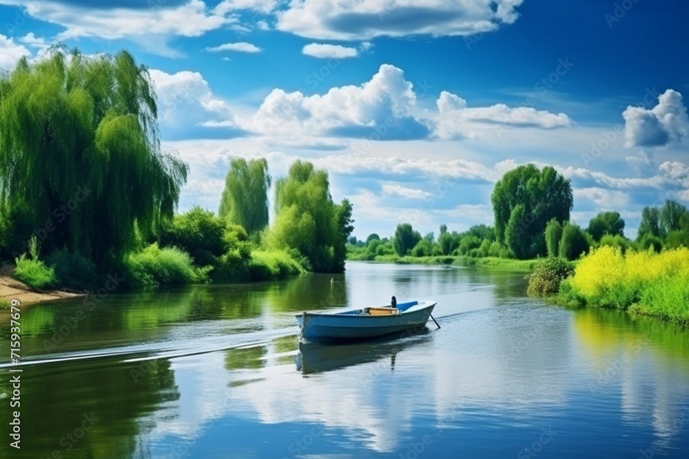 Spring summer landscape blue sky clouds river boat green trees