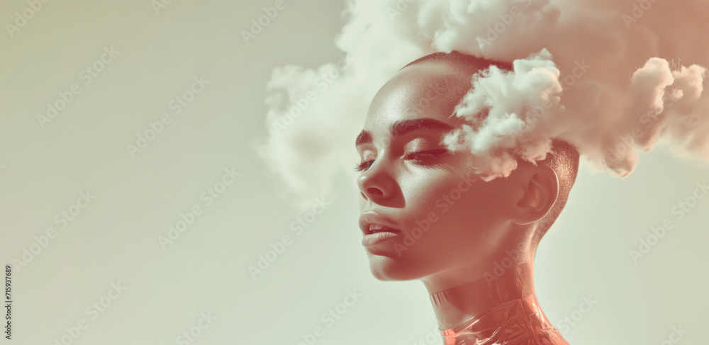 Woman portrait with clouds gathering around her head. Monochromatic peachy background.