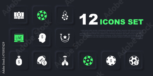 Set Casino chip with dollar, Football betting money, Lucky player, chips, Online poker table game, American football, and Dart arrow icon. Vector