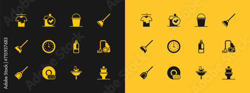 Set Rubber plunger, Washing dishes, Bottle for detergent, Washbasin, Clock, Bucket, Drying clothes and Home cleaning service icon. Vector