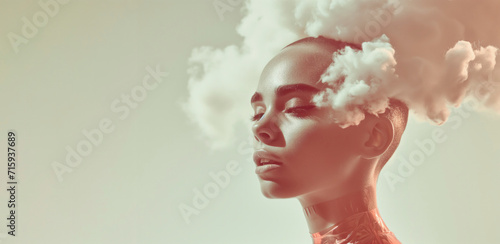 Woman portrait with clouds gathering around her head. Monochromatic peachy background. © Neeqolah