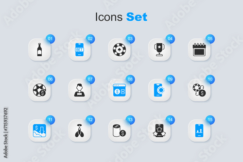 Set Online sports betting, Casino dealer, Financial growth decrease, chips exchange, Bottle of wine and poker table game icon. Vector