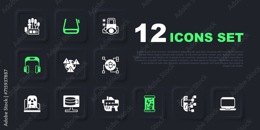 Set Humanoid robot, Laptop, Earth with exclamation mark, Cryogenic capsules, Headphones, Cloud database, Smart glasses spectacles and Futuristic weapon icon. Vector Set Humanoid robot, Laptop, Earth with exclamation mark, Cryogenic capsules, Headphones, Cloud database, Smart glasses spectacles and Futuristic weapon icon. Vector
