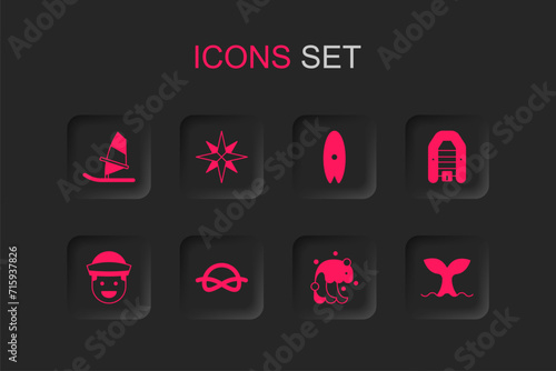 Set Nautical rope knots, Wind rose, Windsurfing, Tsunami, Inflatable boat with motor, Whale tail, Surfboard and Sailor icon. Vector