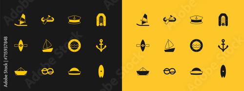 Set Inflatable boat with motor, Nautical rope knots, Ship porthole, Sailor hat, Yacht sailboat, Captain, Windsurfing and Kayak and paddle icon. Vector