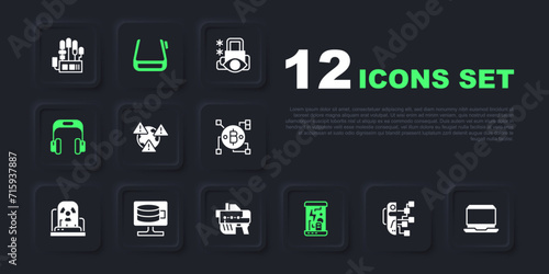 Set Humanoid robot, Laptop, Earth with exclamation mark, Cryogenic capsules, Headphones, Cloud database, Smart glasses spectacles and Futuristic weapon icon. Vector