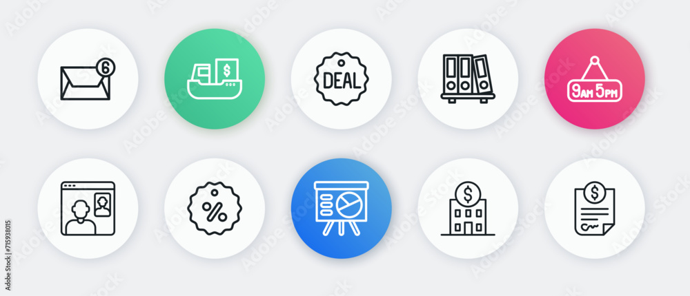 Set line Board with graph, From 9 to 5 job, Video chat conference, Bank building, Office folders, Deal, Contract money and Discount percent tag icon. Vector Set line Board with graph, From 9 to 5 job, Video chat conference, Bank building, Office folders, Deal, Contract money and Discount percent tag icon. Vector