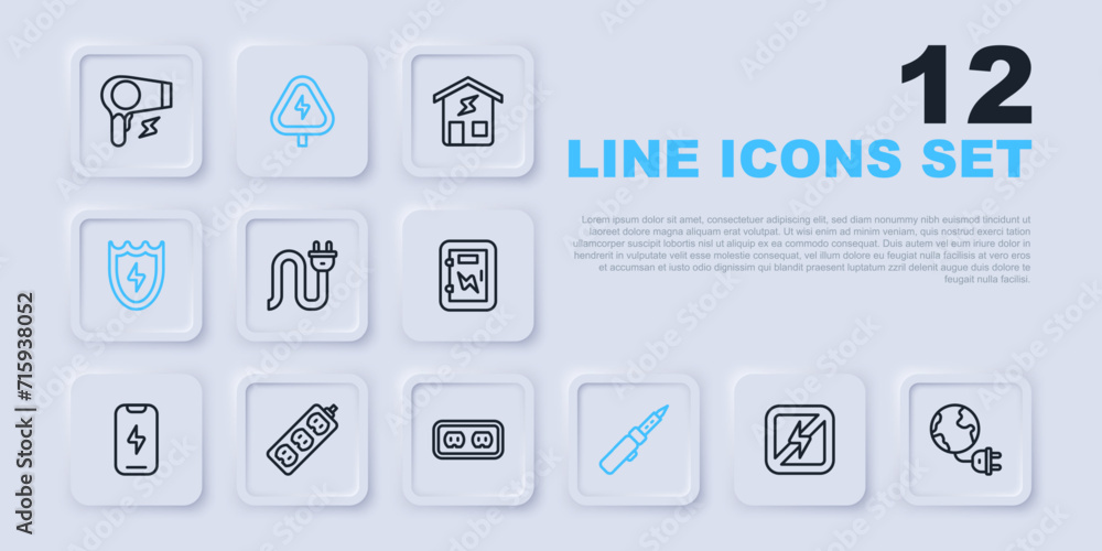 Set line No lightning, Global energy planet with plug, Electric, Soldering iron, Lightning and shield, extension, High voltage and Electrical outlet icon. Vector Set line No lightning, Global energy planet with plug, Electric, Soldering iron, Lightning and shield, extension, High voltage and Electrical outlet icon. Vector