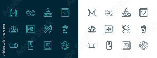 Set line Like heart, Backstage, Thriller movie, Video with subtitles, Plus 16, Actor star, Rope barrier and Comedy and tragedy masks icon. Vector