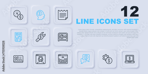 Set line Gear with dollar symbol, Laptop, Repair price, Business negotiations, News, Telephone 24 hours support, man planning mind and Browser stocks market icon. Vector