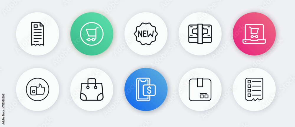 Set line Mobile shopping, Shopping cart on screen laptop, Hand like, Carton cardboard box, Stacks paper money cash, Price tag with New, list and Paper bag icon. Vector