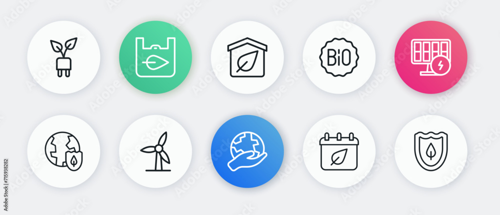 Set line Hand holding Earth globe, Solar energy panel, with shield, Calendar autumn leaves, Banner for bio, Eco friendly house, Shield leaf and Wind turbine icon. Vector Set line Hand holding Earth globe, Solar energy panel, with shield, Calendar autumn leaves, Banner for bio, Eco friendly house, Shield leaf and Wind turbine icon. Vector