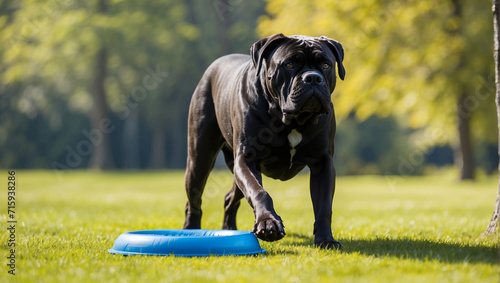 Cane Corso playing on the lawn with a Frisbee