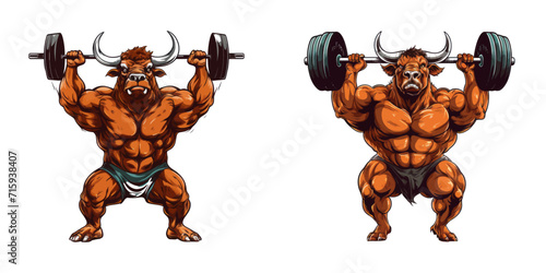 Cartoon Bull lifts the barbell. Vector illustration