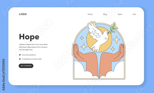 Hope concept illustration. Open hands releasing a dove, the universal symbol of peace and goodwill, against a dawn sky. Emblematic of spiritual freedom and faith. Flat vector illustration