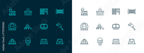 Set line Education logic game, Hopscotch, Attraction carousel, Swings for kids, Slide playground, Swedish wall, and Sand castle icon. Vector