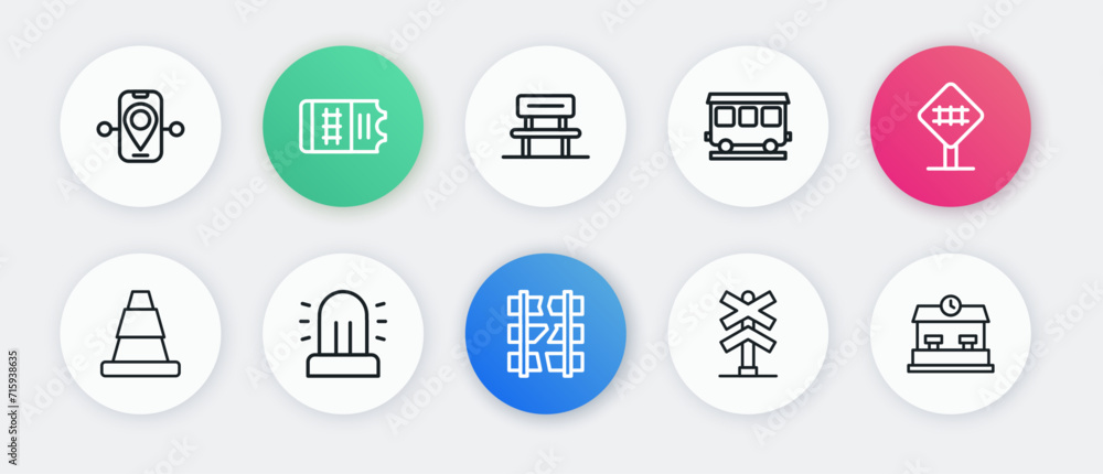 Set line Broken or cracked railway, Railroad crossing, Traffic cone, Passenger train cars, Waiting hall, Railway station and Flasher siren icon. Vector Set line Broken or cracked railway, Railroad crossing, Traffic cone, Passenger train cars, Waiting hall, Railway station and Flasher siren icon. Vector