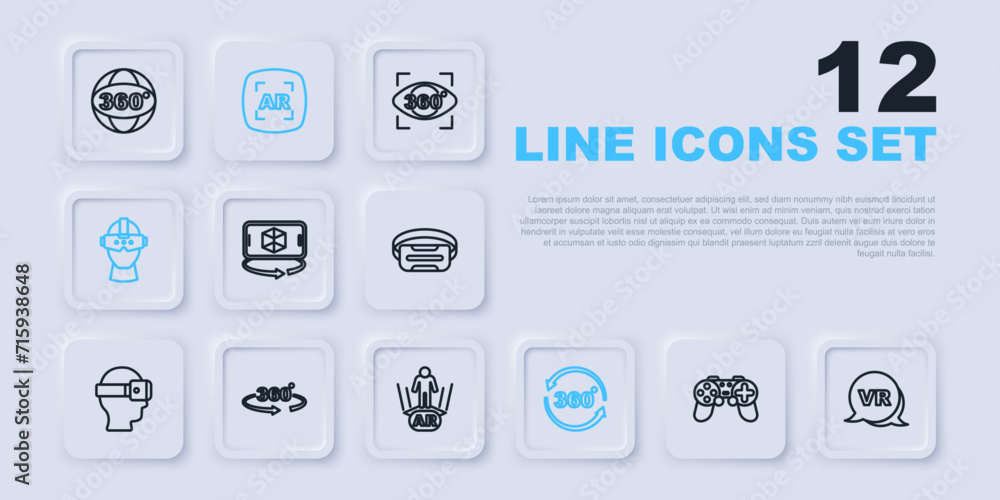 Set line Gamepad, Virtual reality, 3d modeling, 360 degree view, glasses, Augmented AR and icon. Vector Set line Gamepad, Virtual reality, 3d modeling, 360 degree view, glasses, Augmented AR and icon. Vector