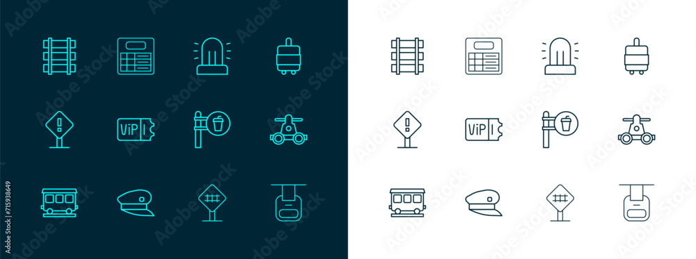 Set line Suitcase, Train driver hat, Cafe and restaurant location, Railroad crossing, ticket, Flasher siren, Railway, railroad track and station board icon. Vector Set line Suitcase, Train driver hat, Cafe and restaurant location, Railroad crossing, ticket, Flasher siren, Railway, railroad track and station board icon. Vector
