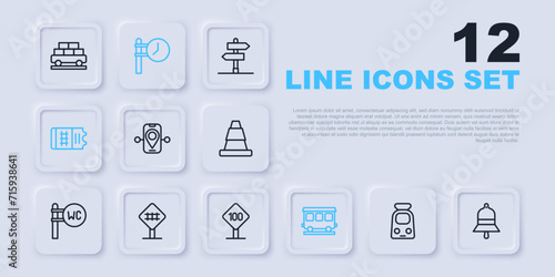 Set line Train and railway, station bell, Route location, Passenger train cars, ticket, Railroad crossing, clock and Speed limit traffic sign 100 km icon. Vector