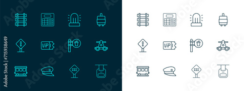 Set line Suitcase, Train driver hat, Cafe and restaurant location, Railroad crossing, ticket, Flasher siren, Railway, railroad track and station board icon. Vector