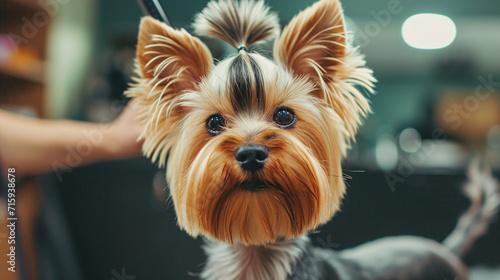 A Yorkie undergoing a stylish grooming session, with a skilled groomer meticulously shaping its fur into a trendy and chic cut. The before-and-after transformation showcases the ar