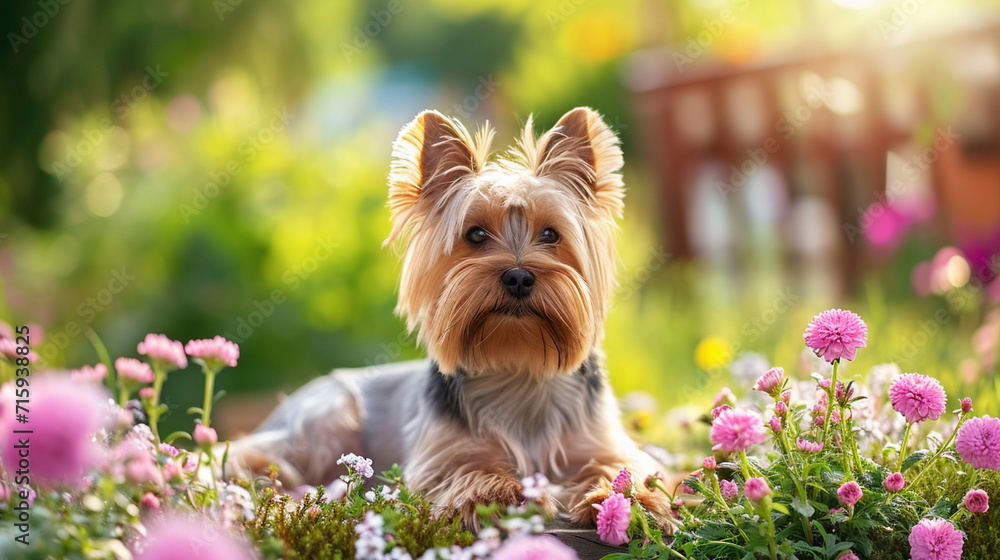 A picturesque setting featuring a Yorkie enjoying a grooming session outdoors, surrounded by blooming flowers. The serene atmosphere complements the elegance of the Yorkie's post-g