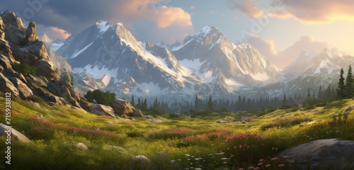 Mesmerizing secluded alpine meadow surrounded by towering granite peaks at golden hour. © Riffat