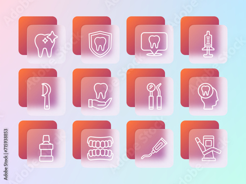 Set line Syringe, Dentures model, Dental mirror and probe, Tube of toothpaste, Tooth, clinic location, whitening and protection icon. Vector