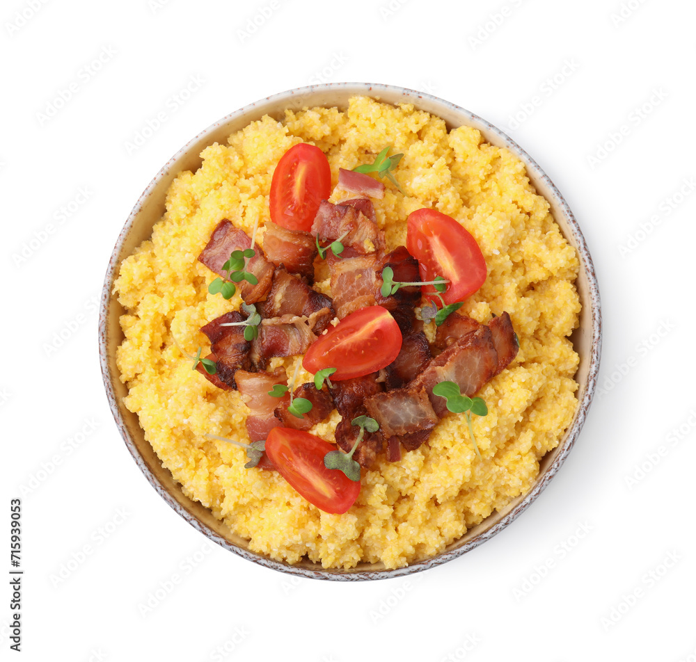 Tasty cornmeal with tomatoes, bacon and microgreens in bowl isolated on white, top view Tasty cornmeal with tomatoes, bacon and microgreens in bowl isolated on white, top view