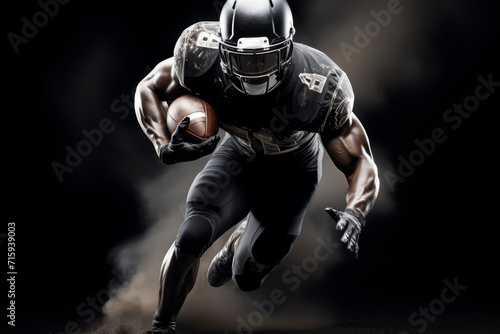 Portrait of American football player running with the ball. Muscular African American athlete in a black and white uniform with an ovoid ball in a dynamic pose. Isolated on black background. © Fat Bee