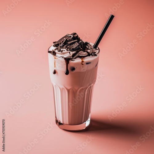 Chocolate milkshake in elegant glass decorated with whipped cream, chocolate topping, chocolate shavings and cocktail straw. Isolated on pink background.