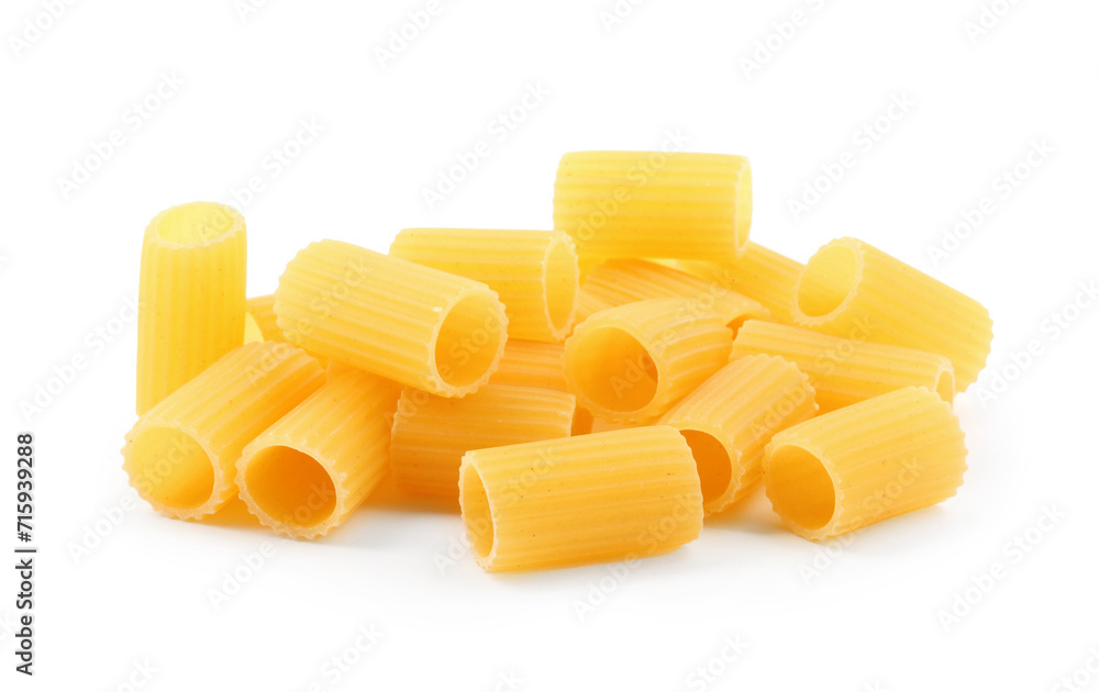 Pile of raw rigatoni pasta isolated on white Pile of raw rigatoni pasta isolated on white