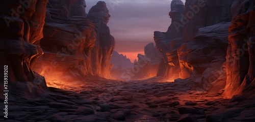Surreal canyon at dusk, where the hyper-realistic rocks seem to emanate an otherworldly glow, casting intricate shadows on the canyon floor. Twilight.