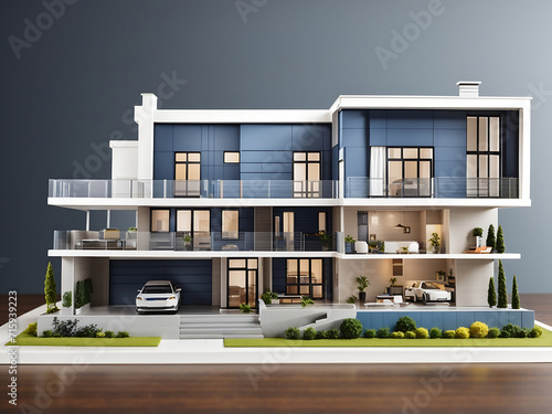 Modern generic contemporary style miniature section model of a residential building with blueprint elevations card details as a wide banner with copy space area for text design. photo