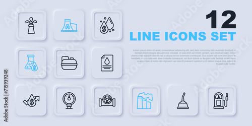 Set line Canister for motor machine oil, Petrol gas station, gasoline, Oil and industrial factory, petrol test tube, Motor gauge, Nuclear power plant and pipe with valve icon. Vector