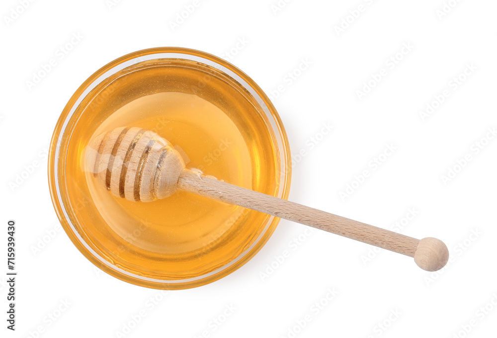 Tasty honey in bowl and dipper isolated on white, top view Tasty honey in bowl and dipper isolated on white, top view